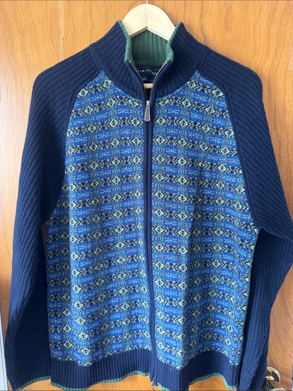 TH 100% Lamb’s Wool Navy Fair Isle Full-Zip Sweater Men’s M